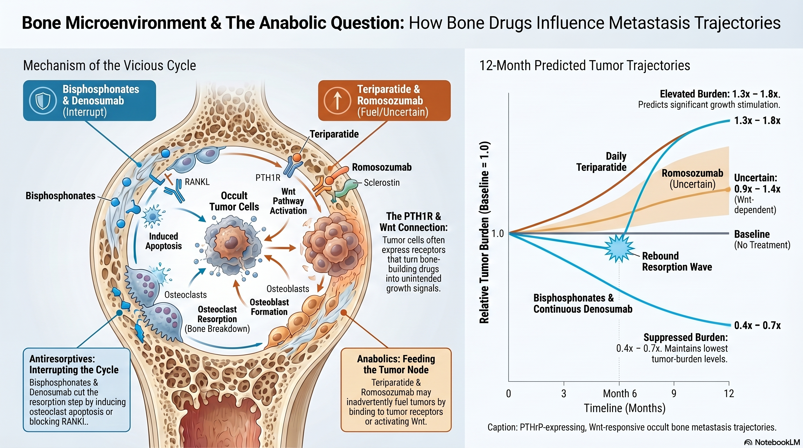 Four bone-active drug classes mapped onto the Lemaire-Pivonka coupled bone-remodelling cycle, with each drug's intersection with the tumour-driven vicious cycle of bone metastasis highlighted