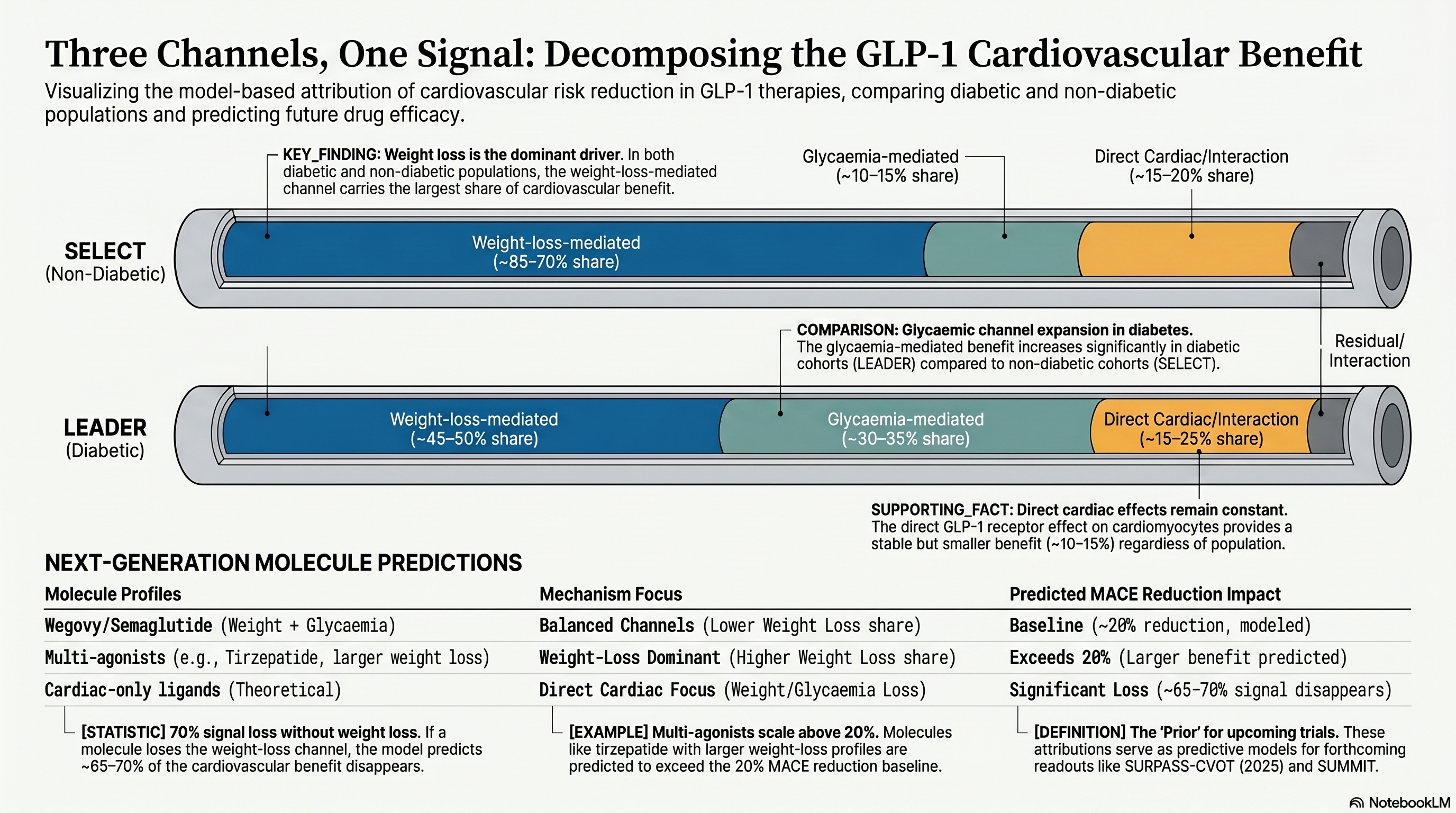 Three-channel attribution of the GLP-1 cardiovascular benefit — weight-loss-mediated, glucose-mediated, and direct cardiac receptor — with the modelled contribution of each channel to total MACE reduction