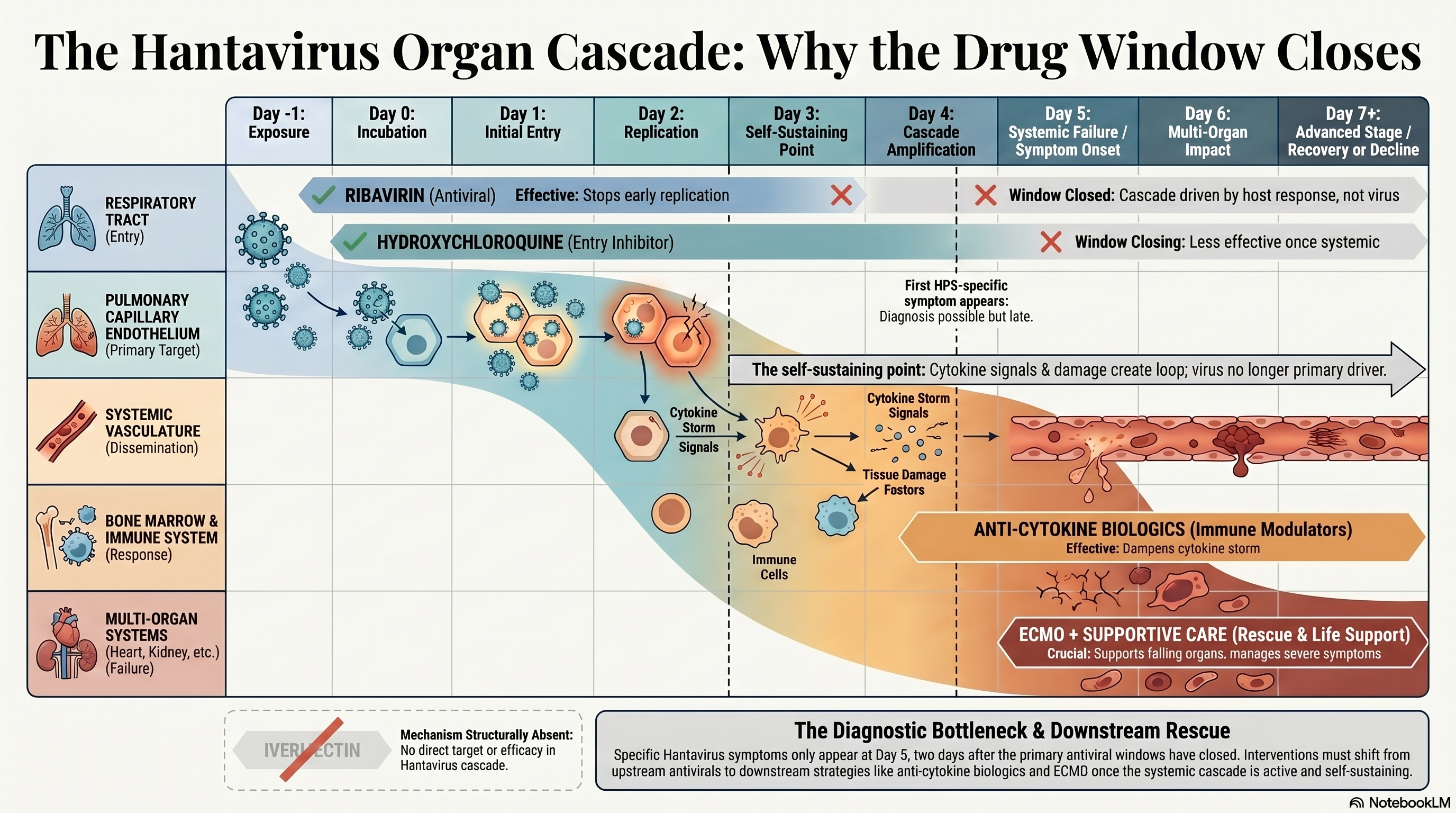 The hantavirus cascade — organ-by-organ progression from endothelial infection through cytokine self-sustaining loop to multi-organ failure, with each drug's effective treatment window